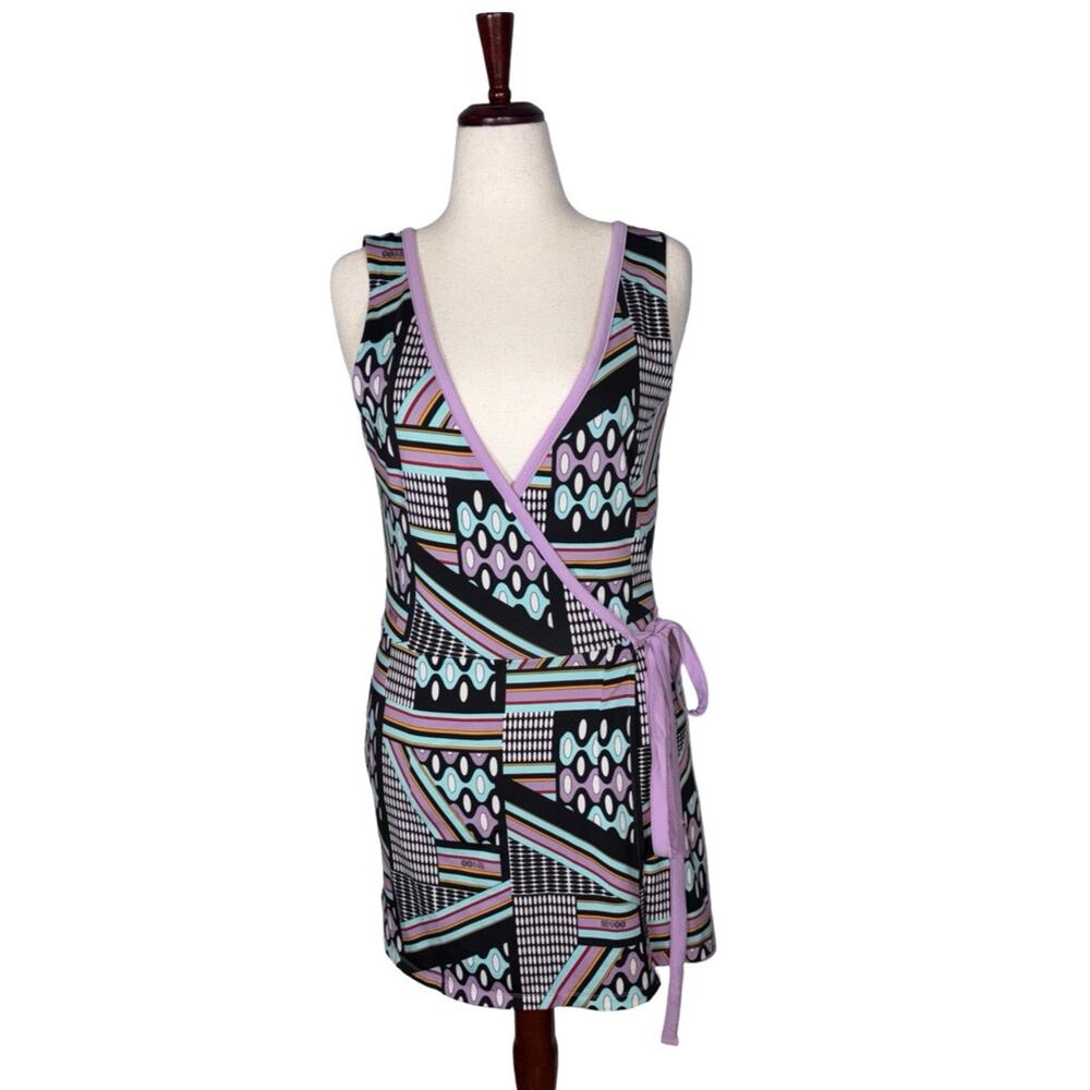 HUKAPOO Purple Black Print Mini Wrap Dress    Size: XL